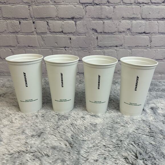 Set of 4 Starbucks Flourish White Green Plastic 16oz Reusable Coffee Cups - Picture 3 of 8